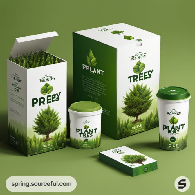 Assortment of green packages with tree designs on boxes and cups.