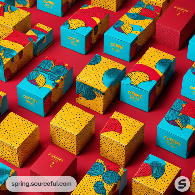 Colorful boxes with red, blue, and yellow geometric patterns on a red background.