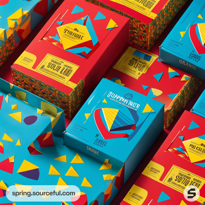 Colorful boxes with geometric patterns in red, yellow, and blue, featuring triangle designs and various labels.