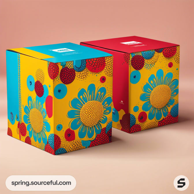 Colorful mailer boxes with floral and circle patterns on a peach background.