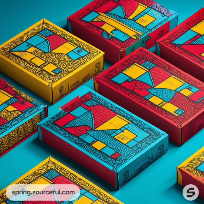 Colorful geometric mailer boxes in red, yellow, and blue with artistic patterns on a blue background.