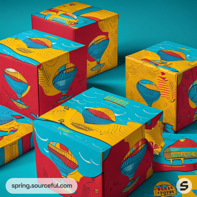 Colorful gift boxes with hot air balloon design on a blue and red background.