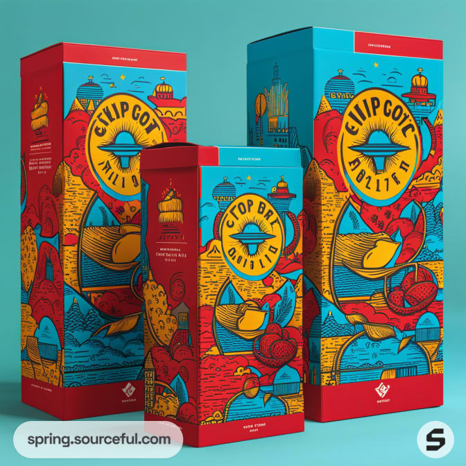 Brightly colored, illustrated product boxes with abstract designs and shapes, featuring blue and red hues.