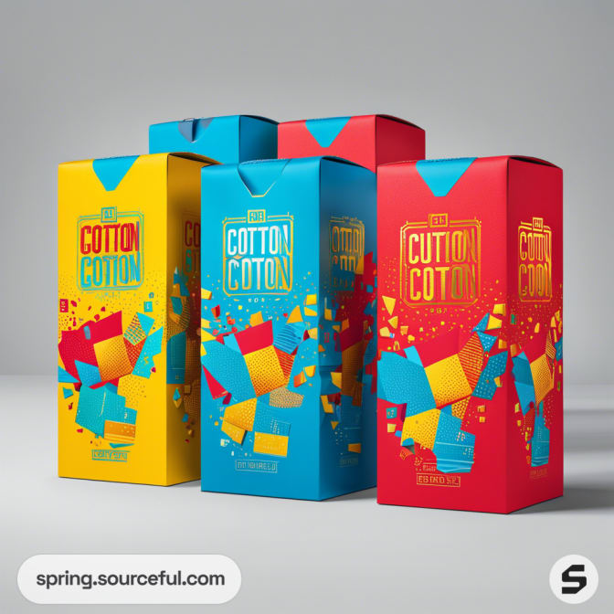 Colorful cotton-themed rectangular boxes in yellow, blue, and red with abstract graphics, standing upright.