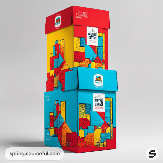 Stacked colorful boxes with abstract geometric designs, featuring red, yellow, and blue panels on a white background.