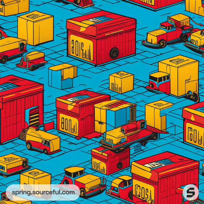 Colorful pattern with red and yellow trucks and buildings on a blue background.