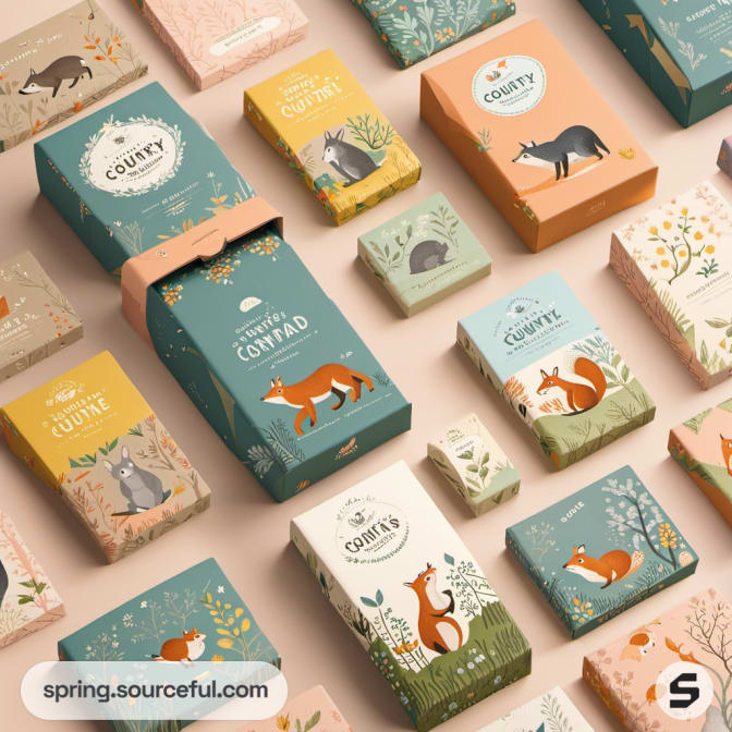 Animal-themed packaging boxes on a warm-toned surface.