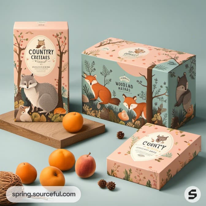 Box and pouch with fox design and fruits on a blue surface.