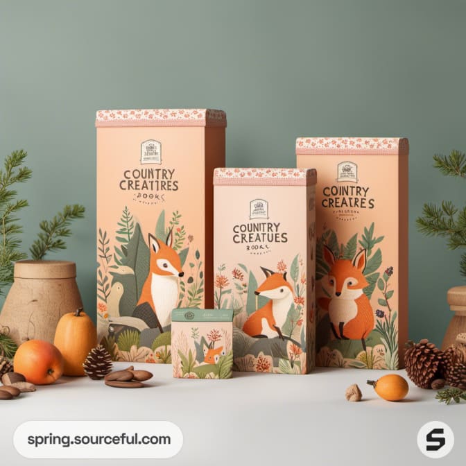 Tall and small orange boxes with fox designs and autumn elements.