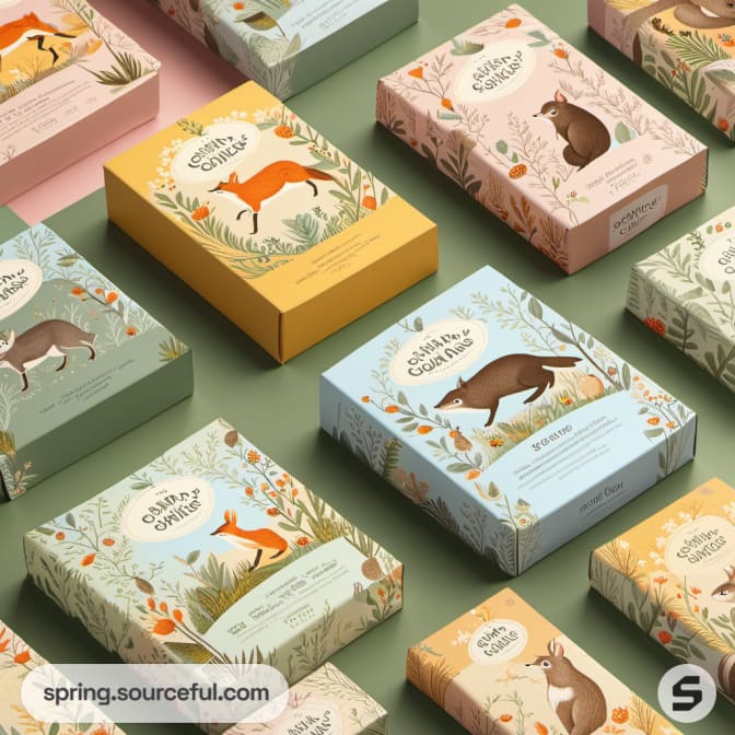 Assorted animal-themed boxes on a green surface.