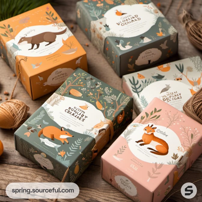 Earth-toned boxes with autumnal designs and animals.