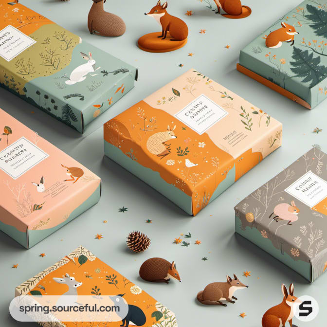 Colorful boxes with animal and nature designs on a light background.