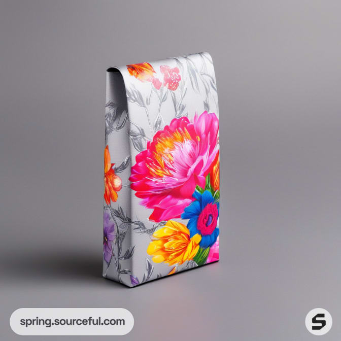 Floral print pouch with bold flowers on a gray background.