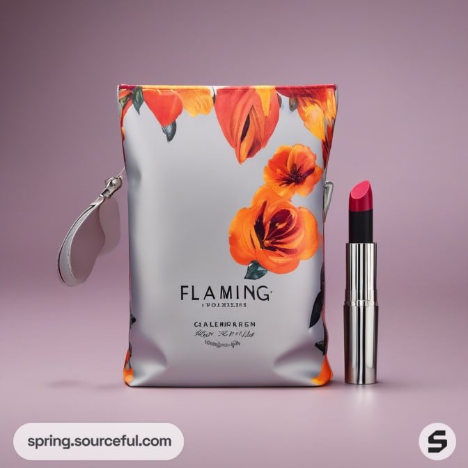Silver pouch with orange flowers and pink lipstick next to it.