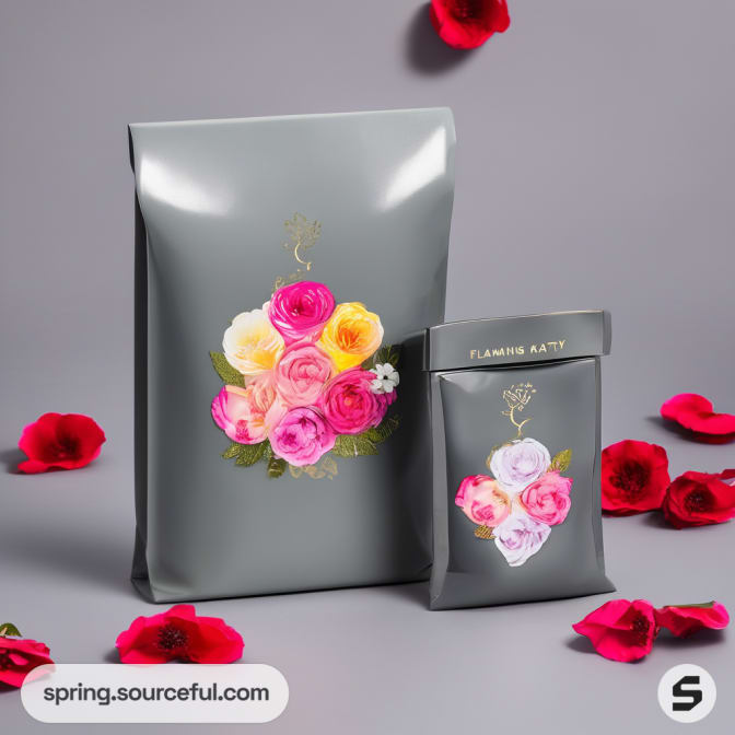 Two gray pouches with rose designs and red flowers around.