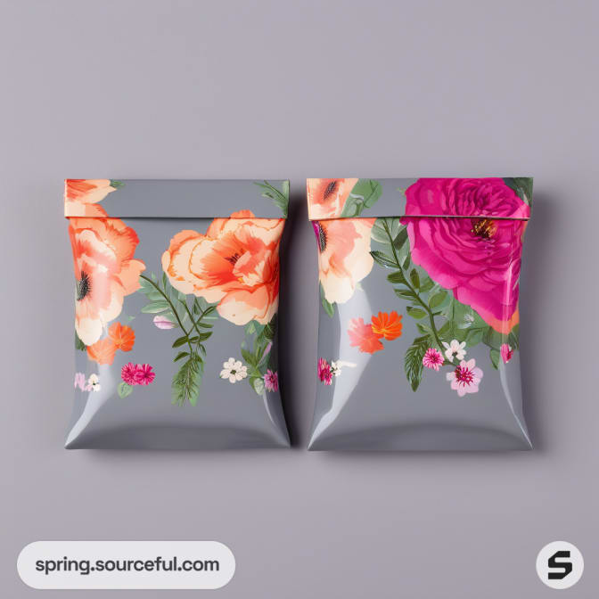 Two gray resealable pouches with vibrant floral designs.