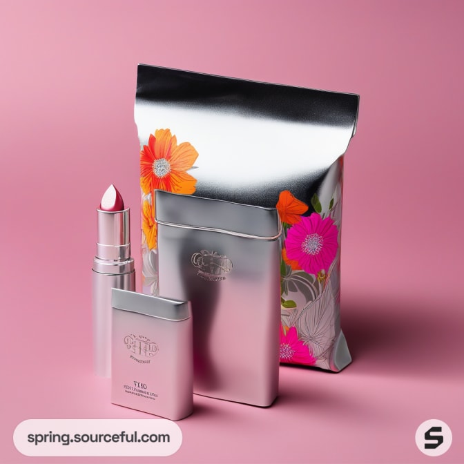 Silver packaging with floral pouch and pink lipstick on a pink background.