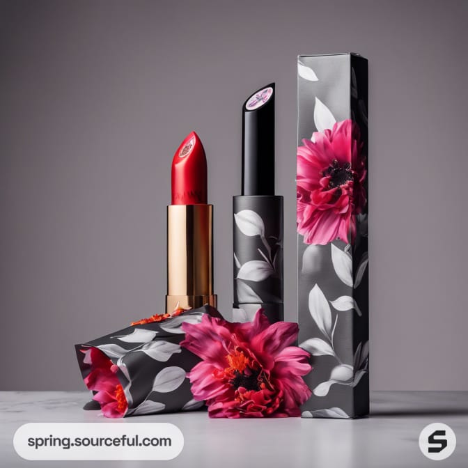 Lipsticks with floral black packaging on a gray background.