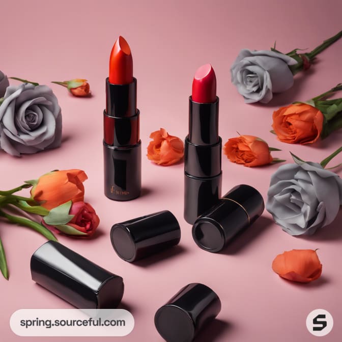 Four lipsticks on a pink surface surrounded by roses.