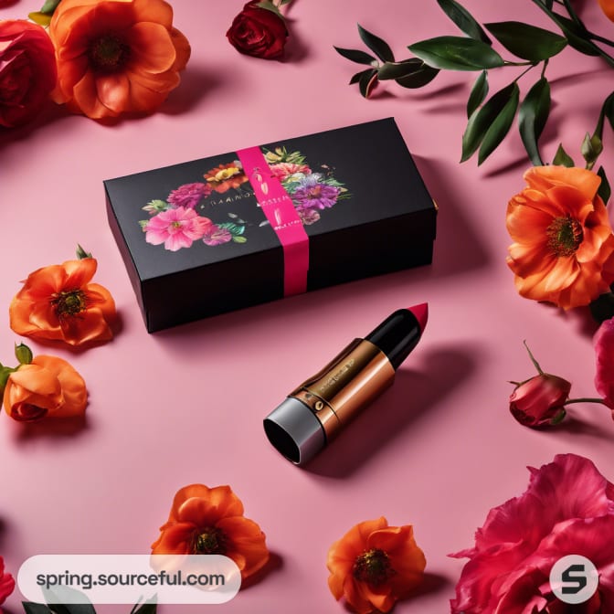 Black box with pink flowers and lipstick, surrounded by orange flowers.