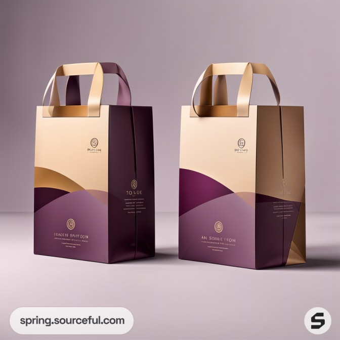 Elegant paper shopping bags with purple and beige geometric design and sturdy handles, set against a neutral background.