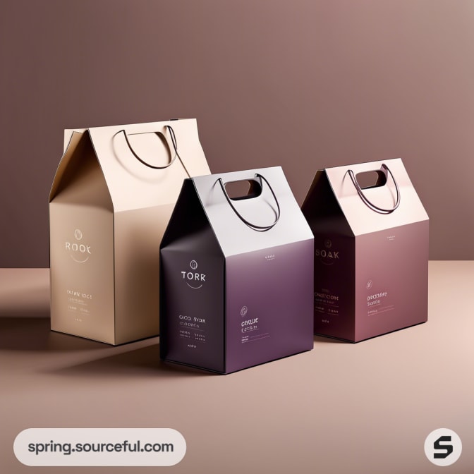 Three upscale gift bags in beige, purple, and maroon with sleek design and handle on a neutral background.