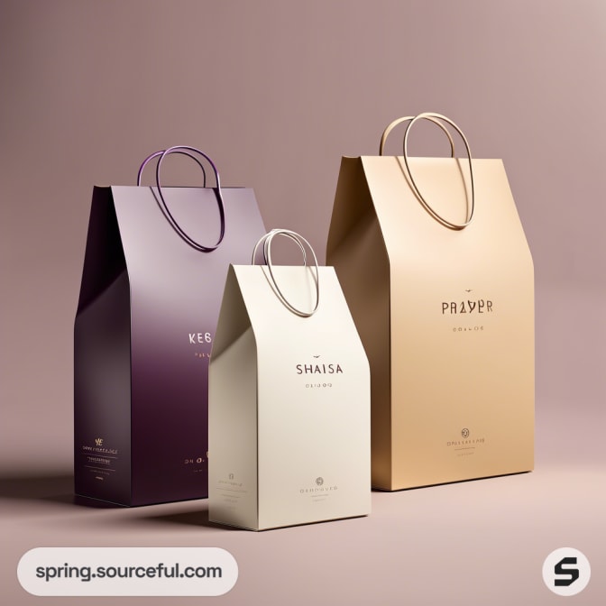 Three luxury paper shopping bags in purple, cream, and beige with handles on a soft pink background.