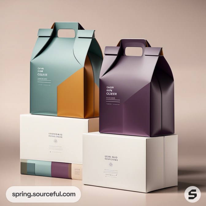 Two geometric gift boxes, one teal and orange, one purple, on white boxes, with handles, modern design.