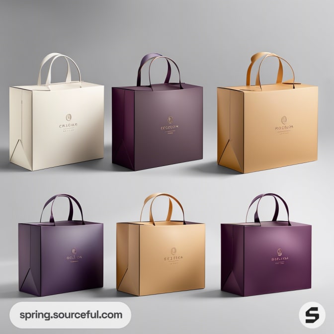 Luxury shopping bags in beige and purple with handles on a light background.