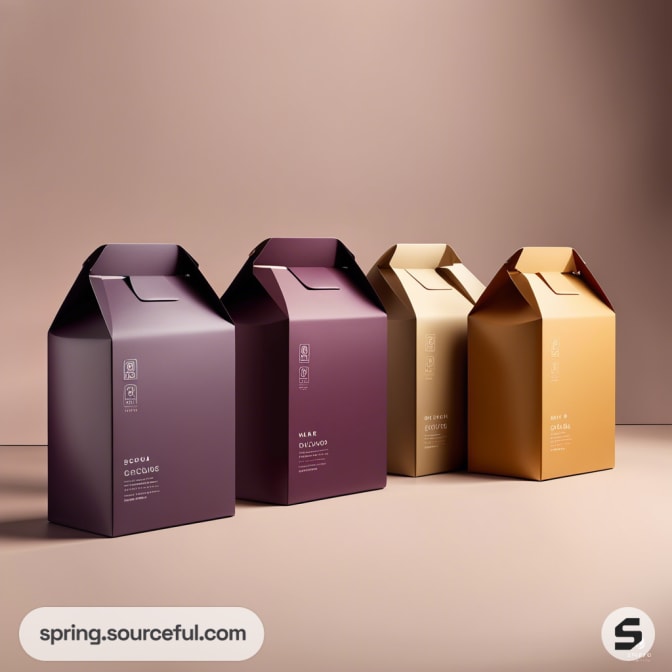 Four matte finish gift boxes in shades of maroon and gold, with sleek, minimalist design and branding details.