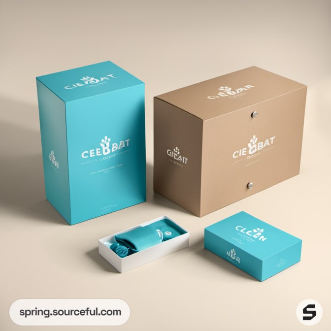 Teal and beige packaging boxes with drawer design.