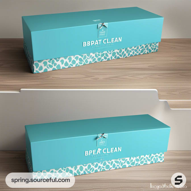 Long teal box with white pattern and ribbon.