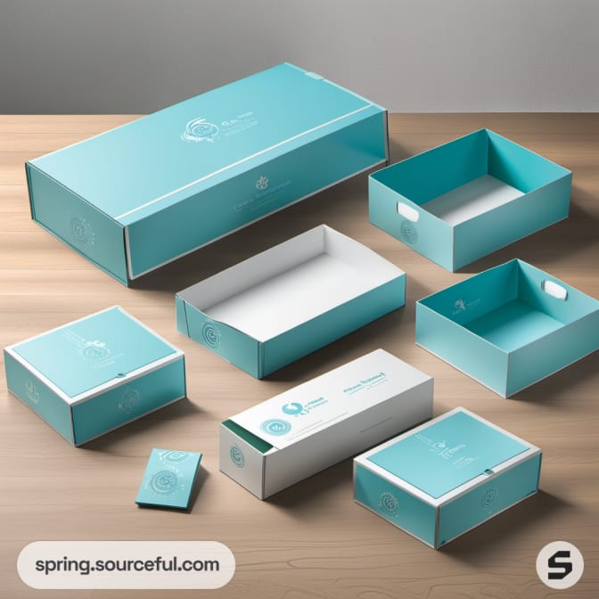 Variety of teal boxes and trays on wooden surface.