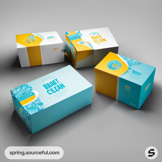 Blue and gold packaging boxes with floral accents.