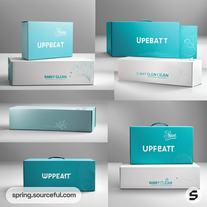 Teal boxes with ribbon handles and white tops.