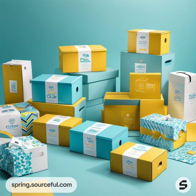 Group of teal and yellow patterned boxes with labels.