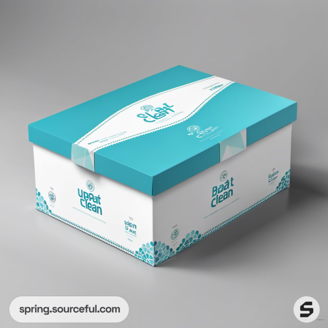 Square teal and white box with geometric pattern.