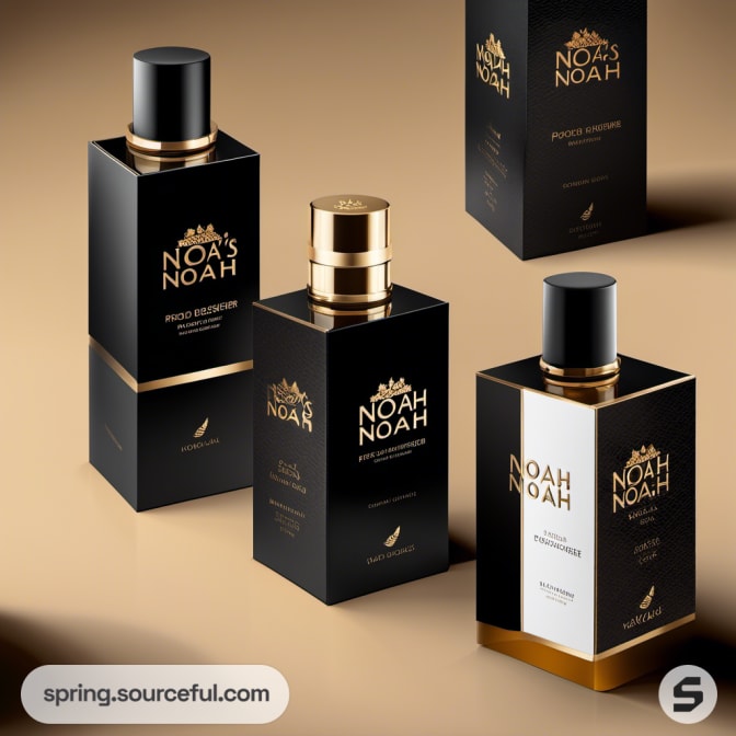 Luxury perfume bottles with gold caps and sleek packaging.