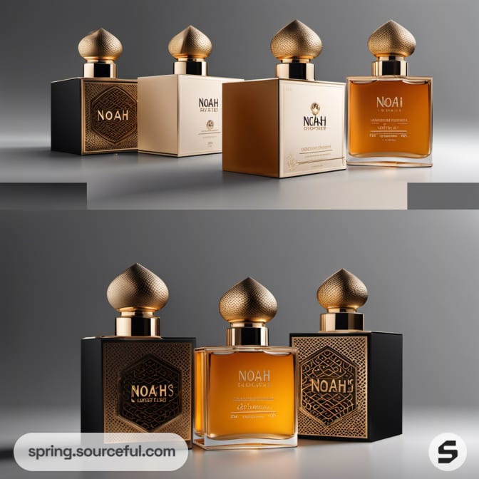 Square perfume bottles with gold tops in black and amber.