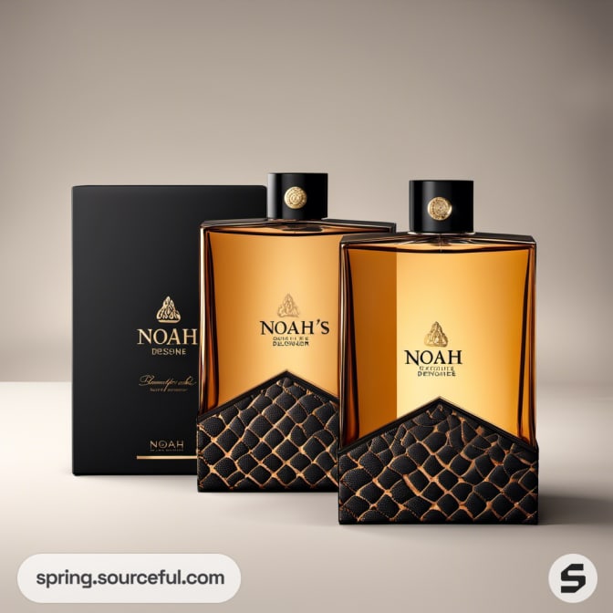 Textured black and amber perfume bottles with gold accents.