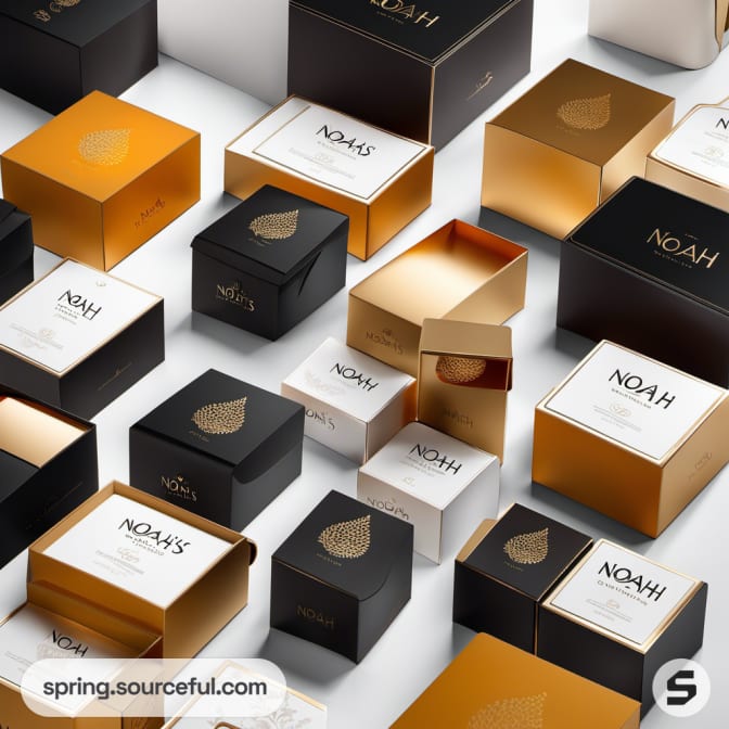 Assorted black and gold packaging boxes arranged artistically.