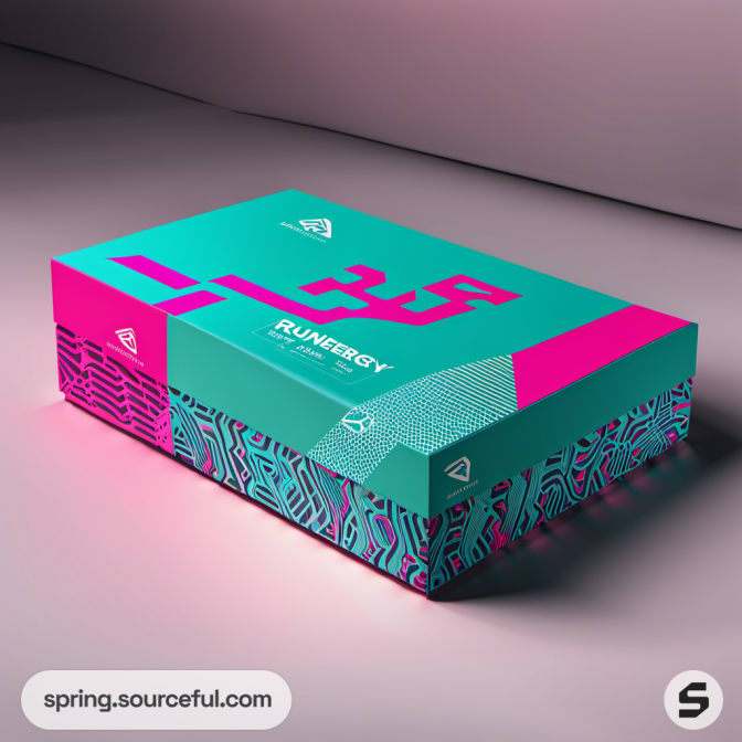 Colorful shoe box with geometric pattern in pink and teal colors.