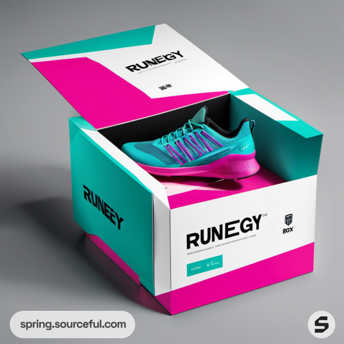 Open shoe box showcasing a teal and pink sneaker.