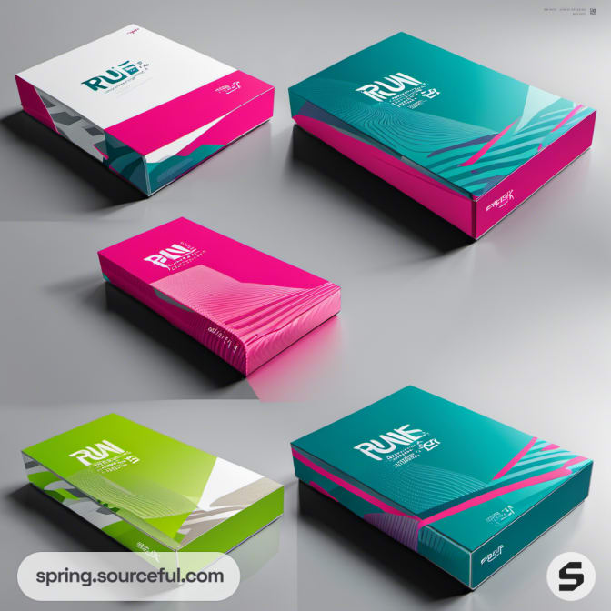 Variety of shoe boxes in teal, pink, and green designs.
