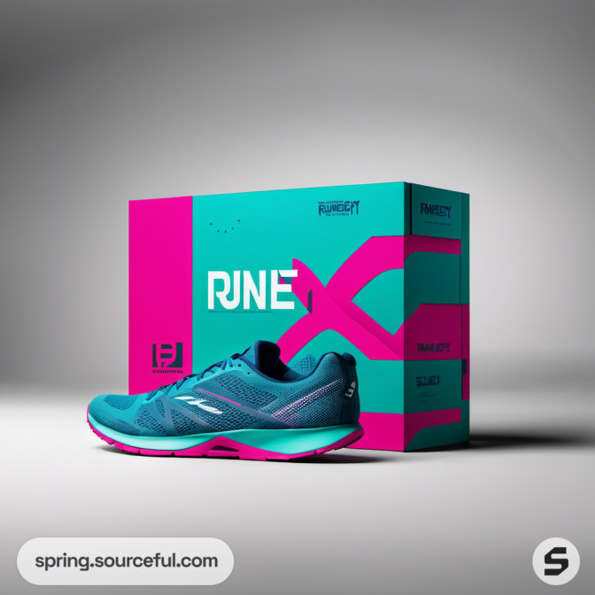 Teal and pink geometric shoe box with sneaker displayed.