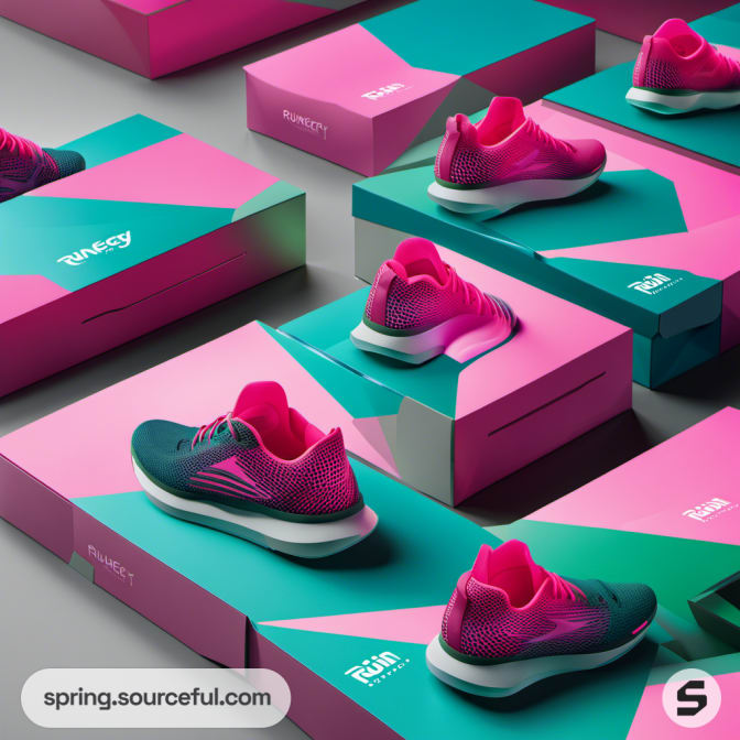 Multiple sneakers with matching colorful boxes in teal and pink.