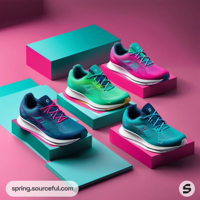 Four colorful sneakers displayed on teal and pink platforms.