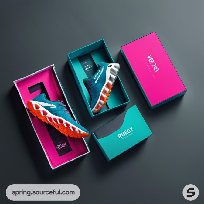 Open shoe boxes with sneakers, showing pink and teal interiors.