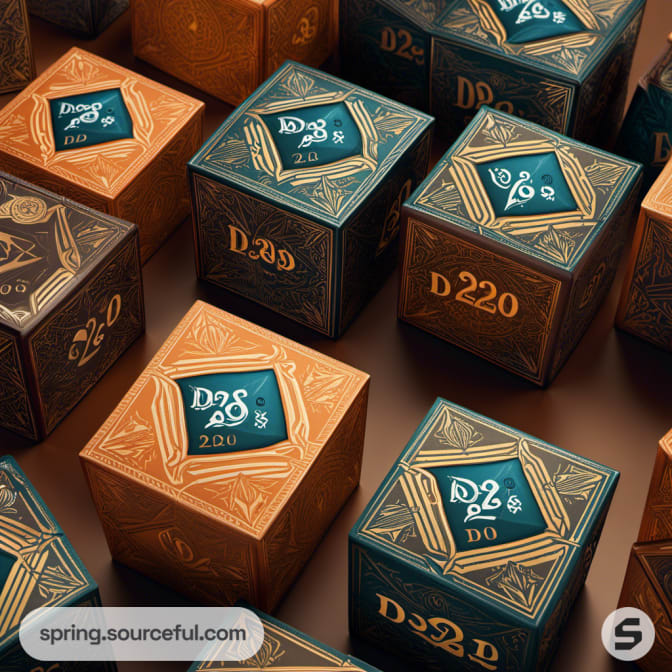 Hexagonal dice boxes in teal, gold, and brown with ornate patterns.