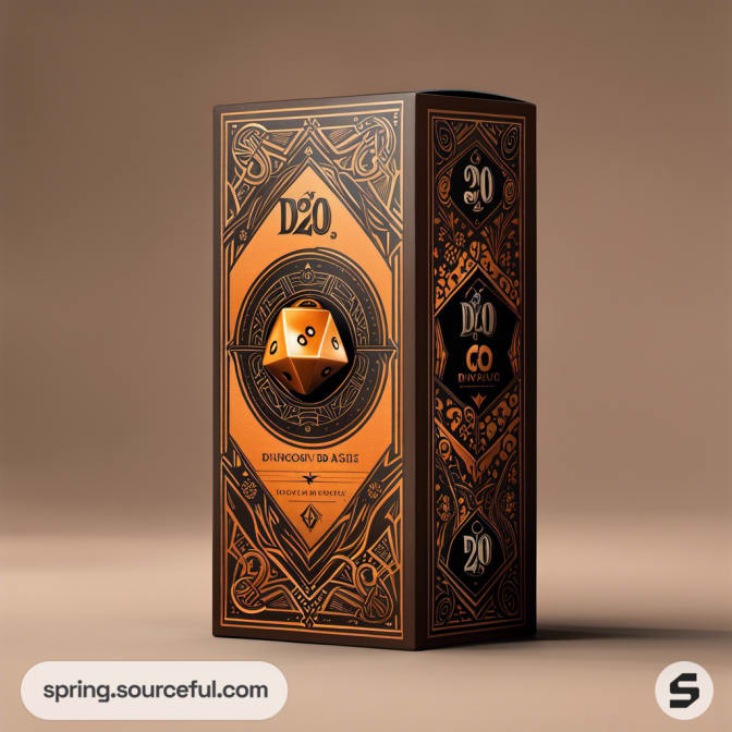 Vertical dice packaging in orange and black with sleek design.